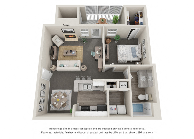 Floor plan for 1 bed, 1 bath, 708 sqft
